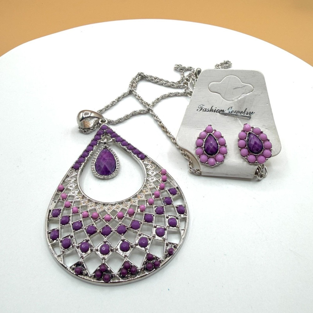 Purple Pink Beaded Teardrop Pendant Necklace & Earrings Silver Tone Jewelry Set